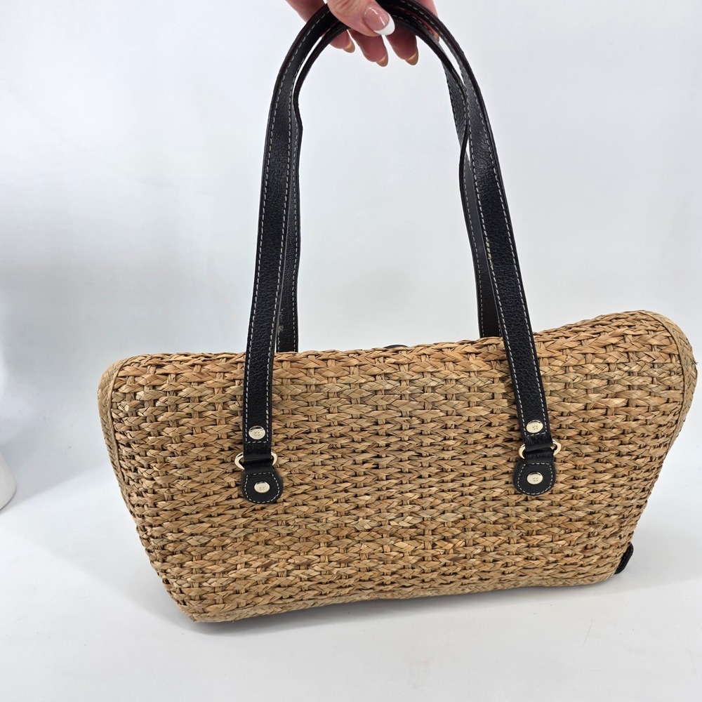 Kate Spade New York Woven Straw Shoulder Bag Tan Black Leather Trim Turnlock - Picture 3 of 12